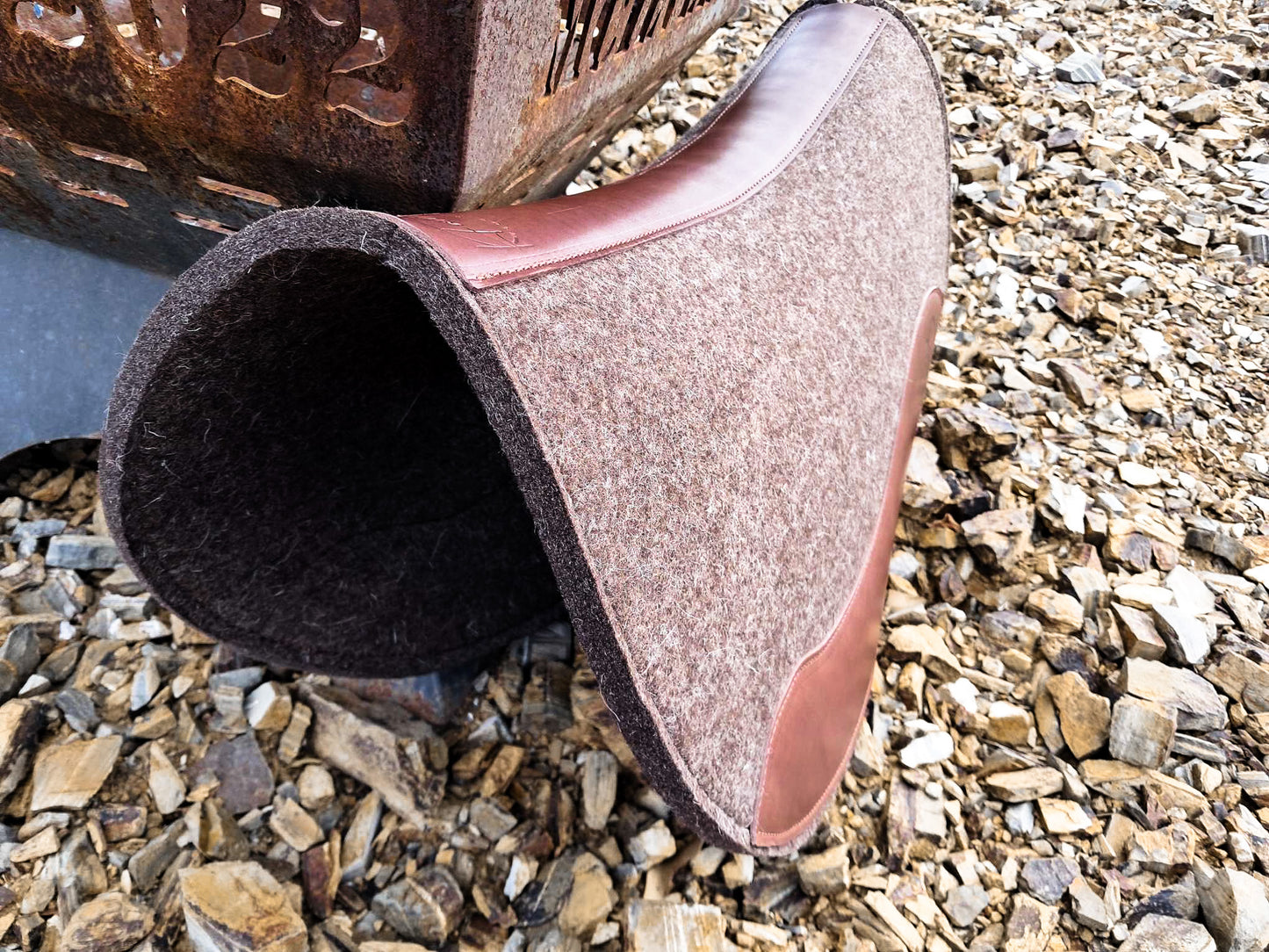 Leather feature, contoured spine, shaped fender pad - 13mm or 18mm felt in choc, grey or cream