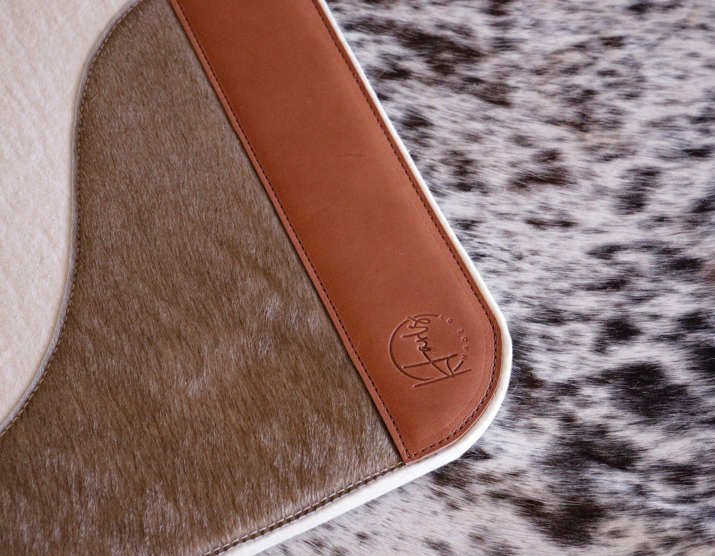 Hair on hide contoured spine, shaped fender pad - 13mm or 18mm felt - choice of hides and felt colour