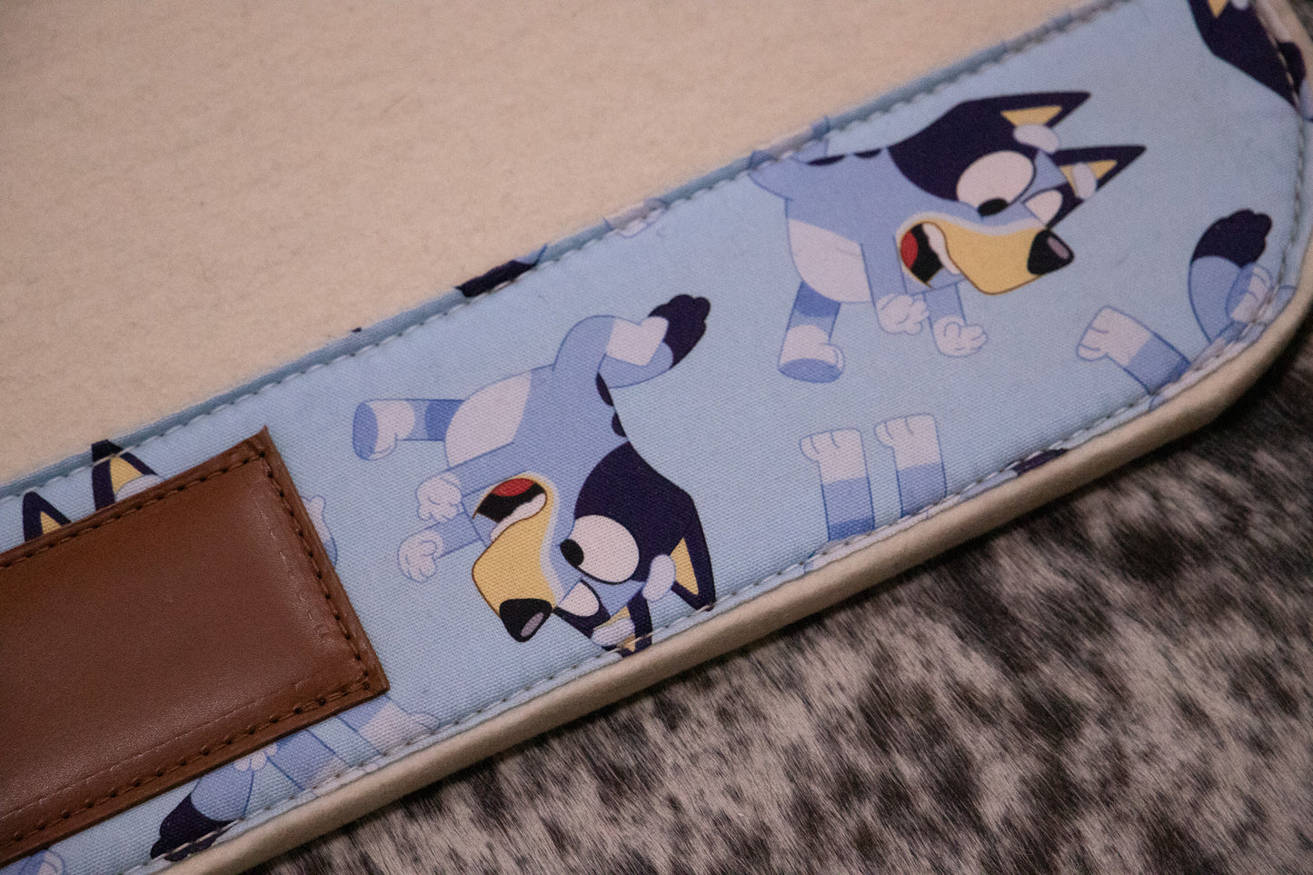 REDUCED DUE TO ORIGINAL WITHER LEATHER SHAPE - Ready made stock - TINY TOTS Cream wool felt with Bluey fabric