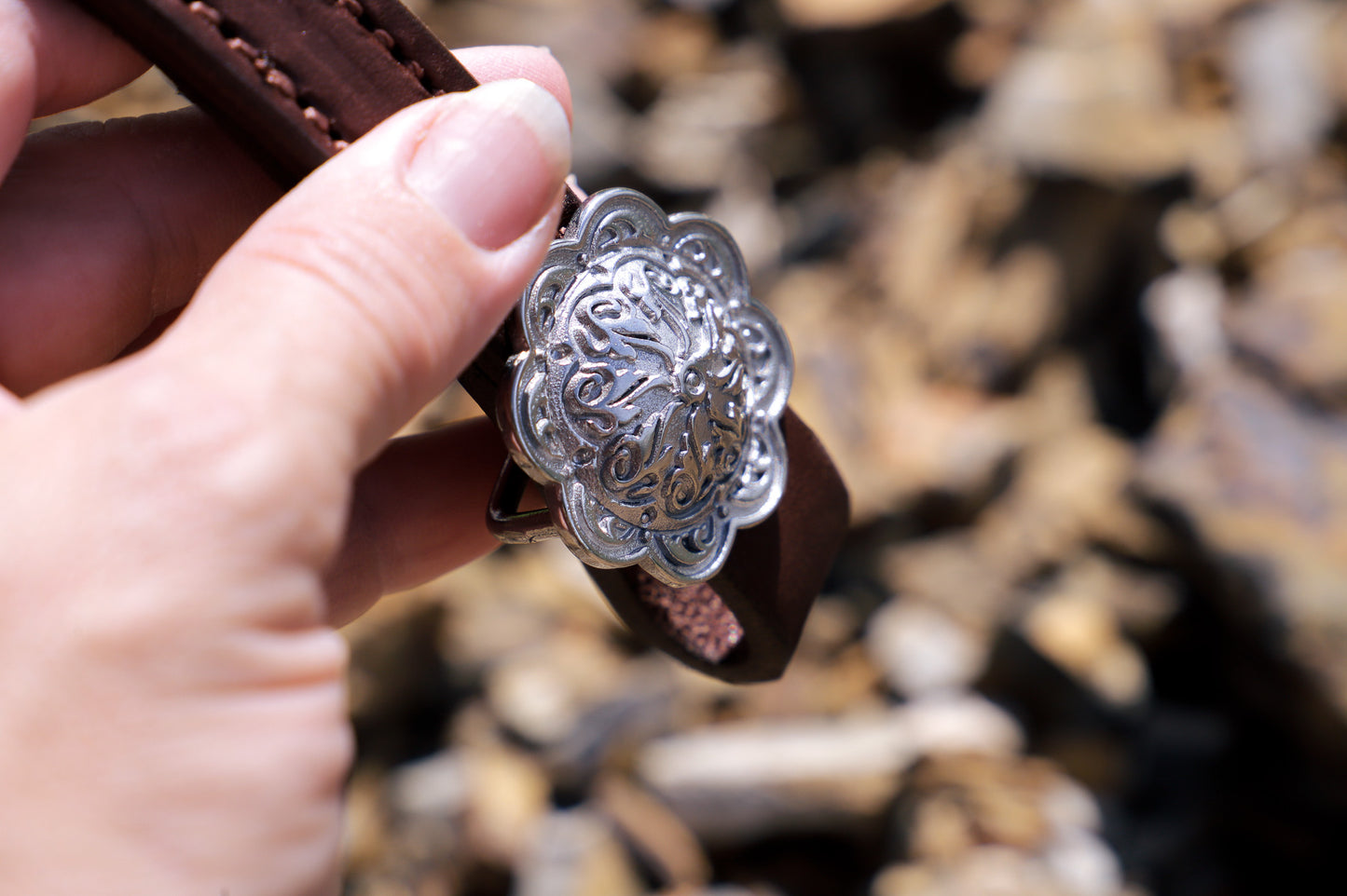 Handmade leather bridle with western floral inlay browband