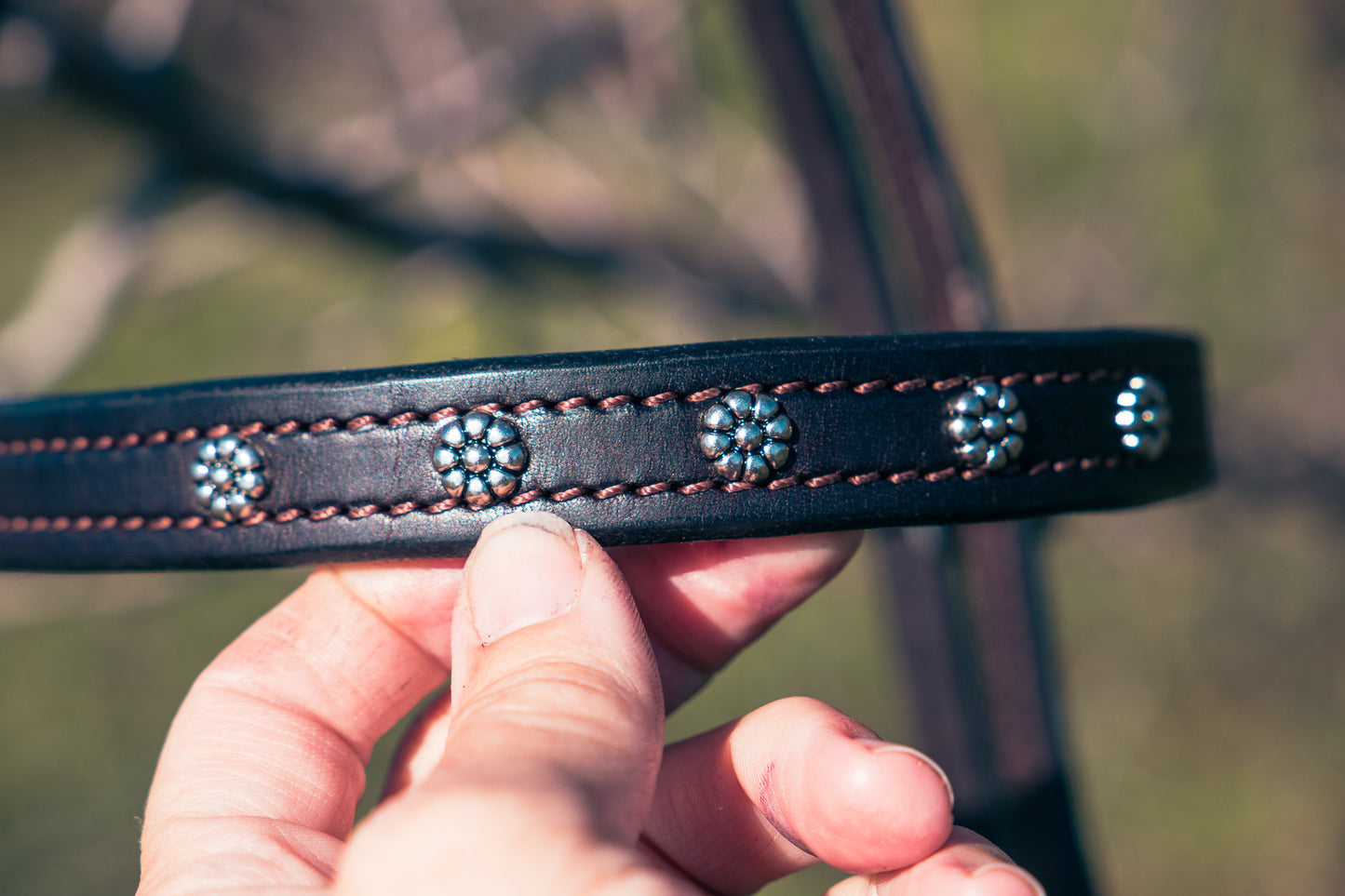 Handmade leather bridle with Jeremiah Watt buckles, quick change, and feature browband