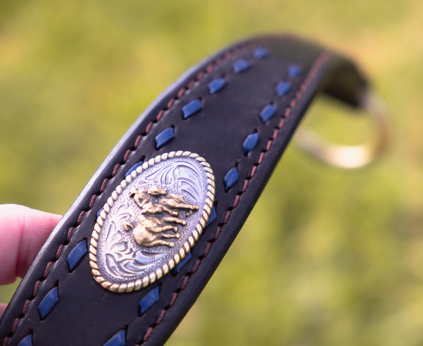Handmade leather cob-full barcoo bridle with concho and buck stitch brow