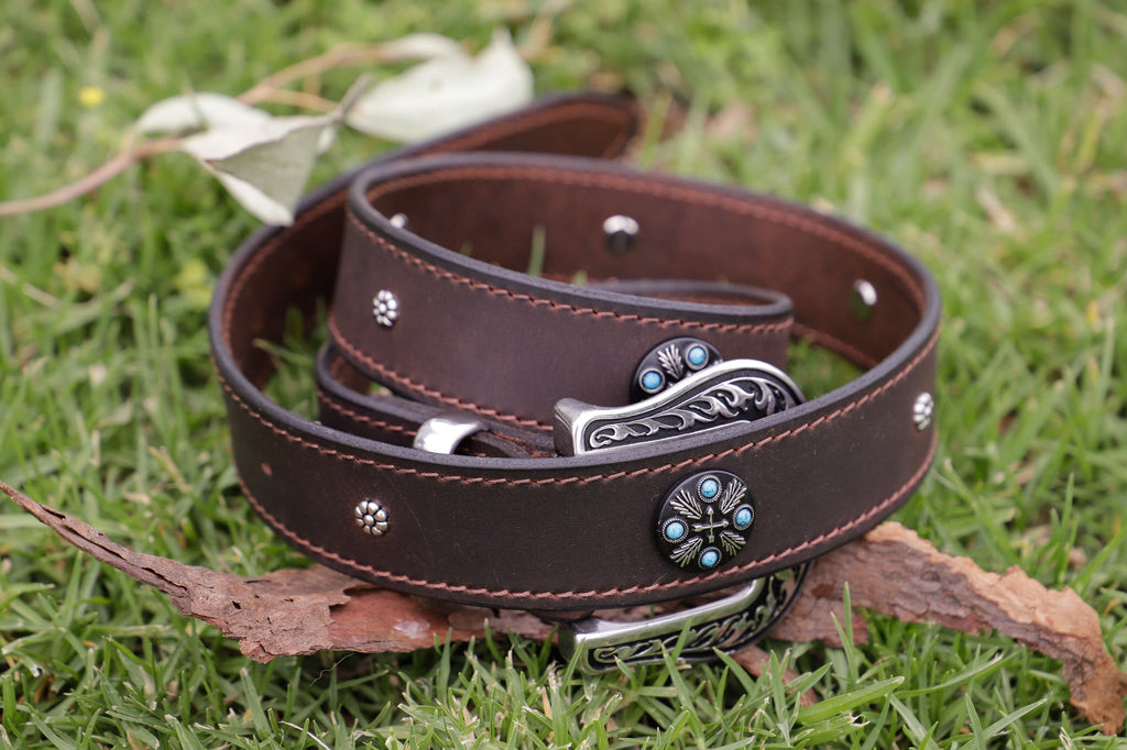 WAXED BUFFALO AND CONCHO BELT