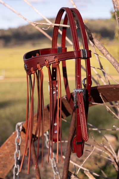 Handmade leather bridle with flyveil browband