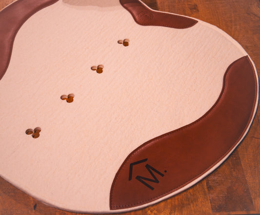 The Chloe - Leather feature, clover spine, 'apple' barrel shaped fender pad - 13mm or 18mm felt