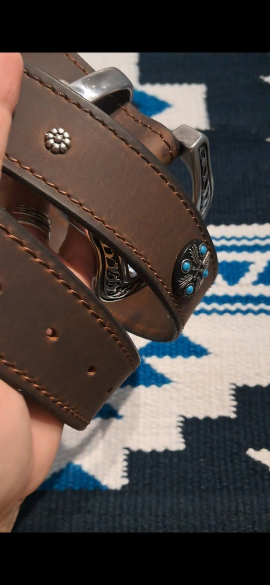 Waxed buffalo leather belt with conchos - ONE ONLY READY MADE
