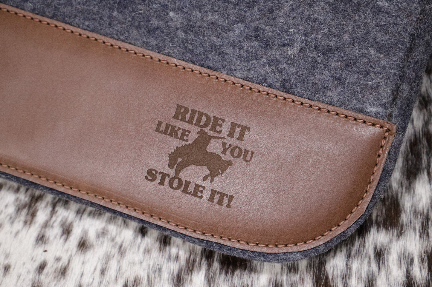 Ready made stock -Grey marle wool felt with dark leather 'ride it like you stole it'