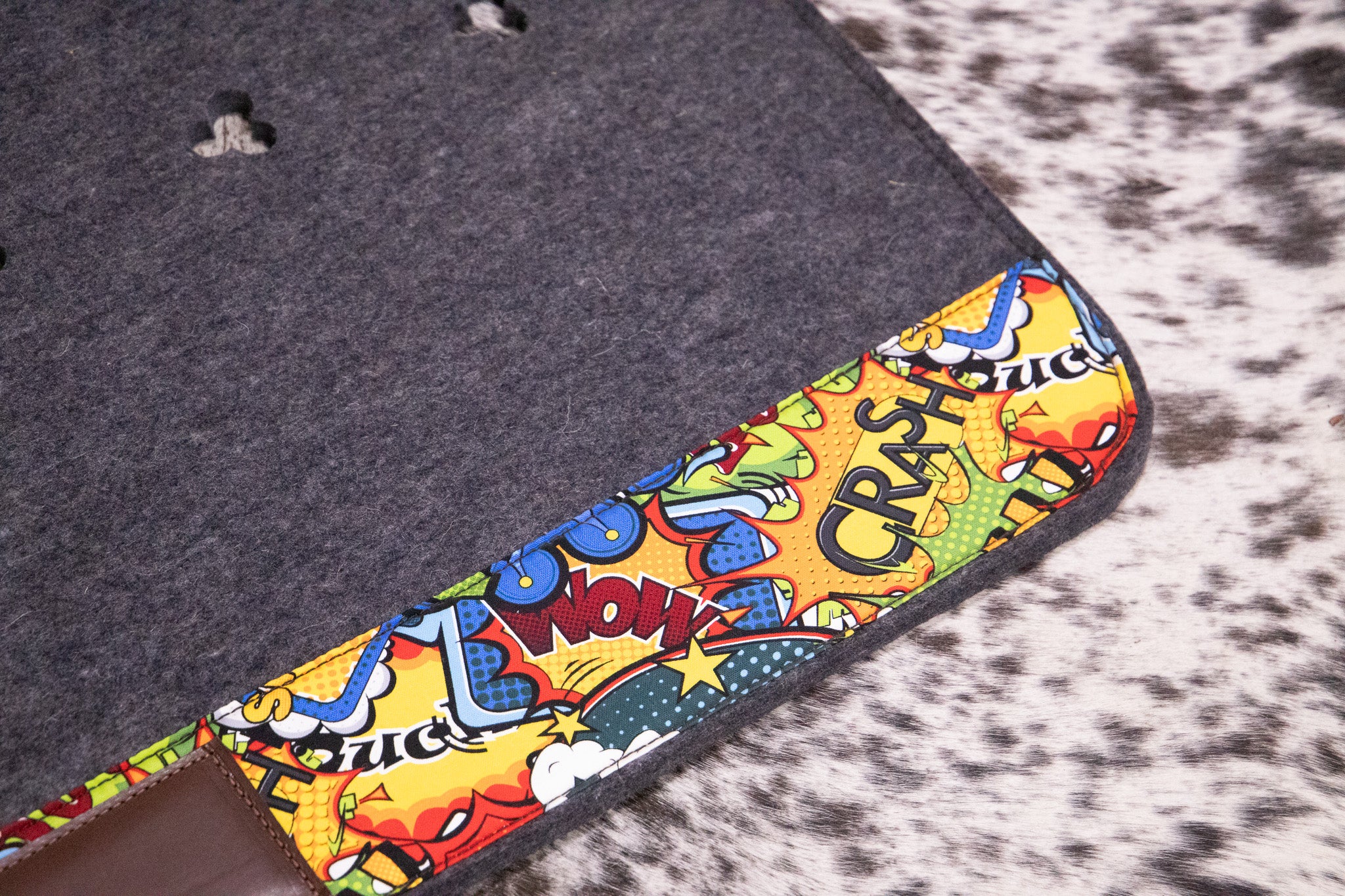 END OF LINE ORIGINAL WITHER SHAPE - Grey marle wool felt with bright comic strip fabric