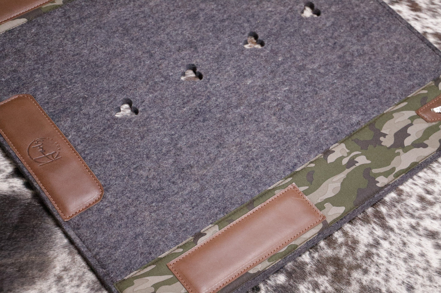 Ready made stock - Grey marle wool felt with camo fabric and concho