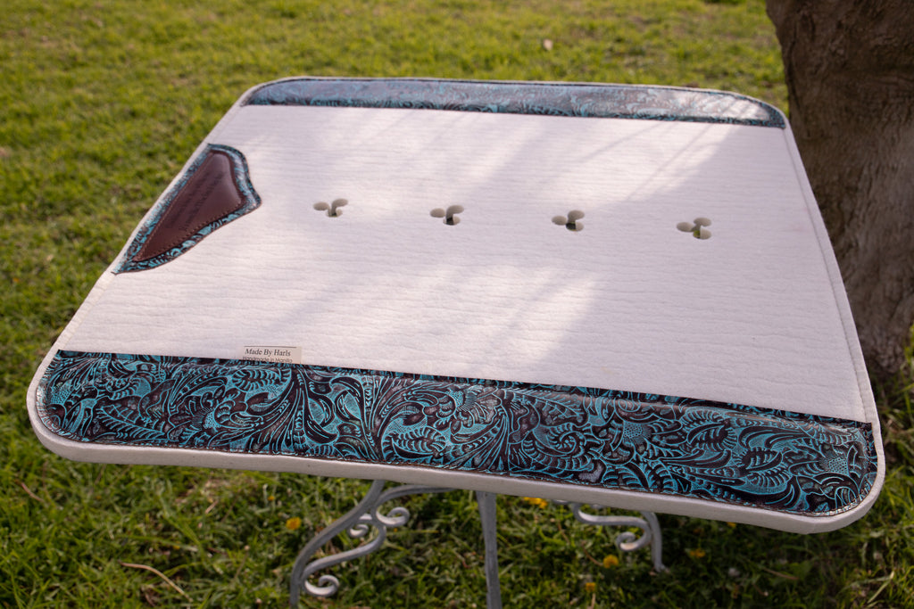 17mm cream wool felt with turquoise floral - 28x28
