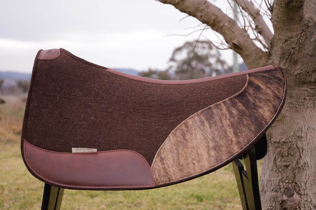 Brindle hair on hide cut out pad with engraved wither