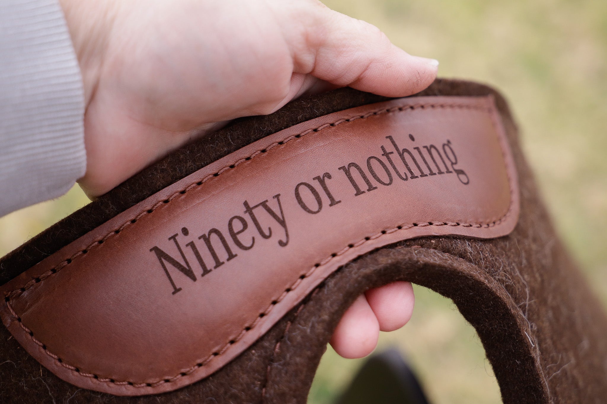 Brindle hair on hide cut out pad with engraved wither