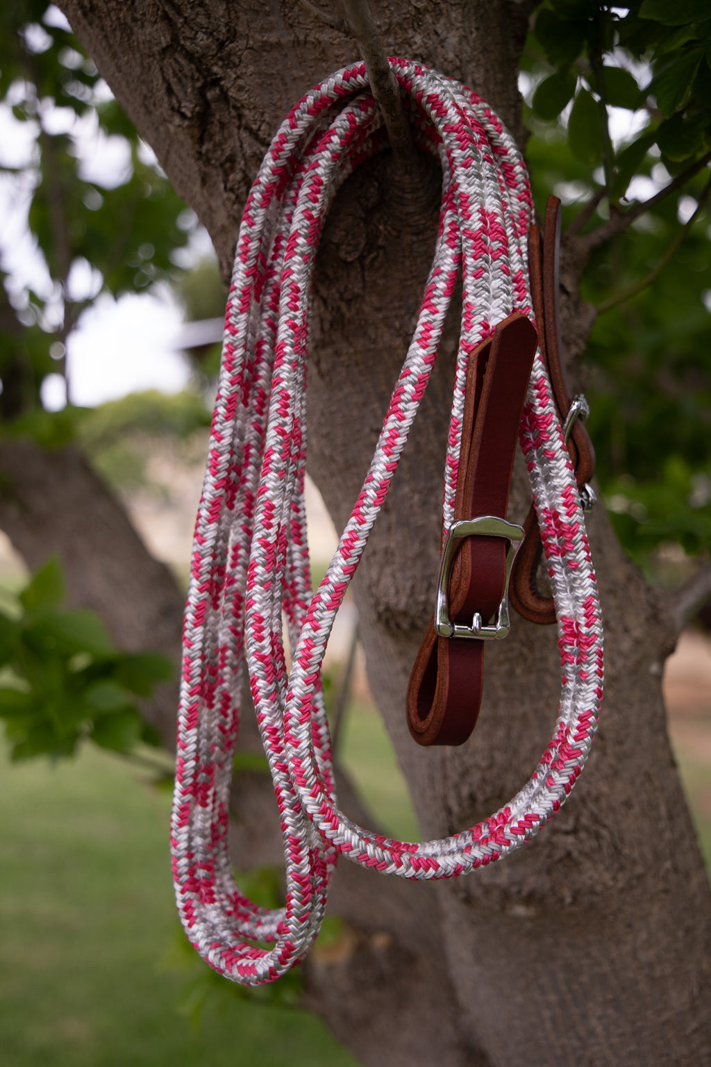 9 ft flat sewn ready made continuous reins - pink/silver/white