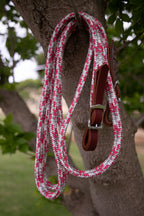 9 ft flat sewn ready made continuous reins - pink/silver/white