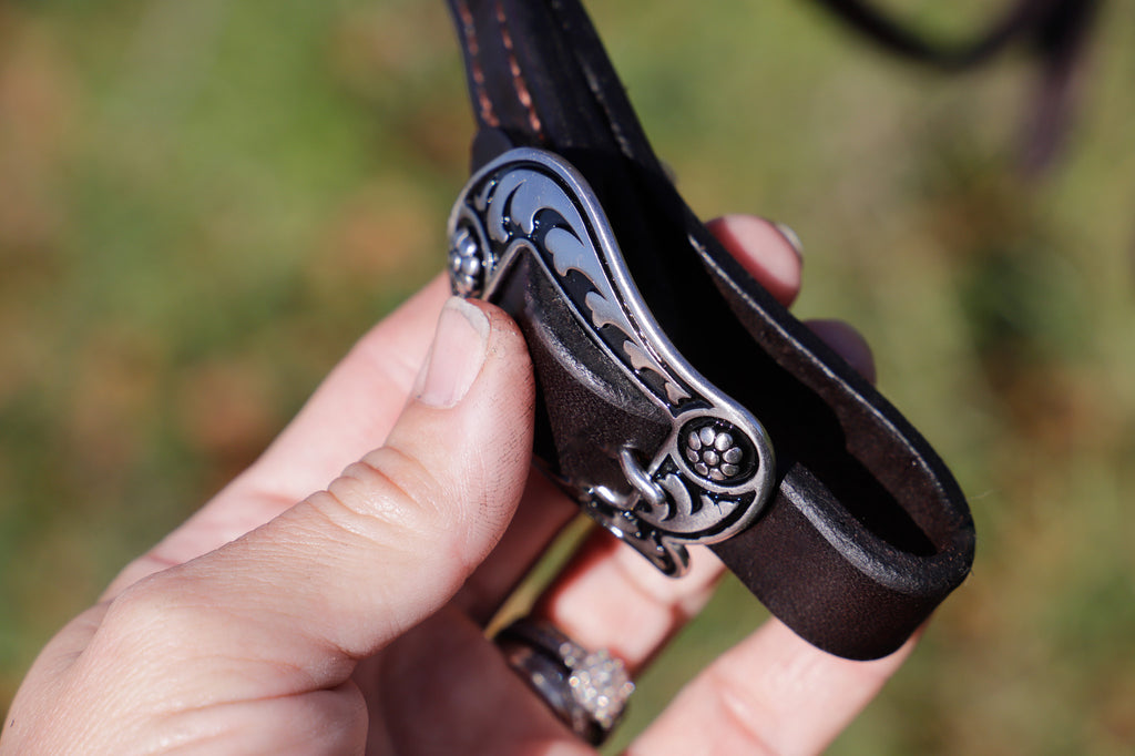 Handmade leather bridle with Jeremiah Watt buckles, quick change, and feature browband