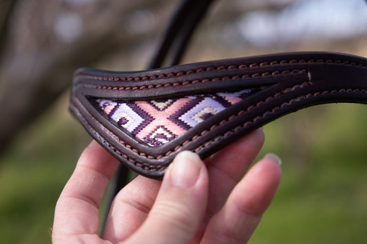 Handmade leather western style bridle with inlay browband (choice of hide, webbing, floral embossed or coloured leathers)