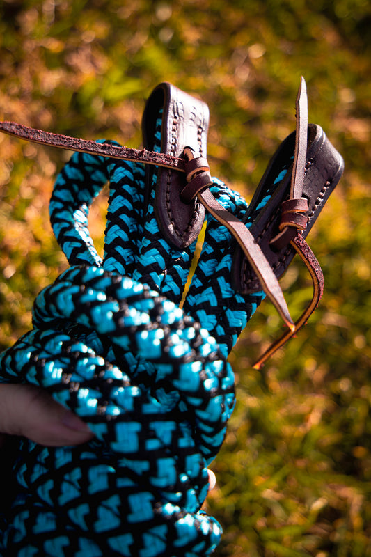 READY MADE - Black/aqua flat sewn rope reins - 7ft or can be shortened to 6ft
