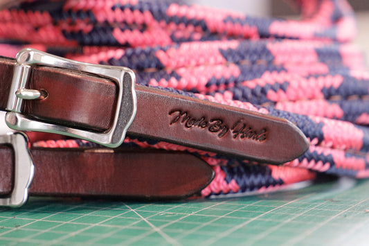 READY MADE - Pink and navy flat sewn rope reins - 6'6" length