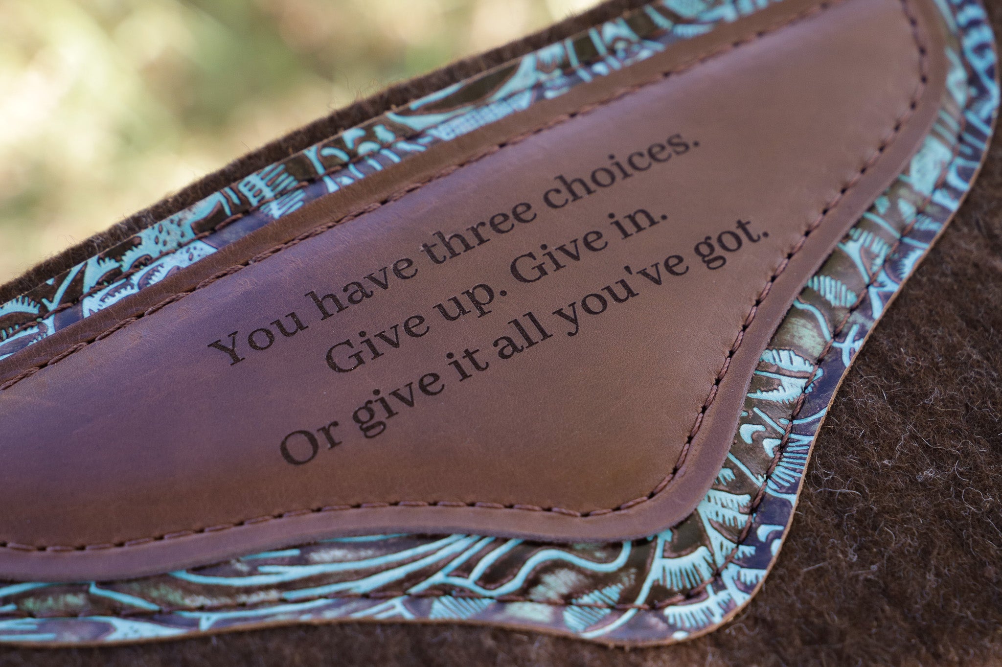 READY MADE 'Give it everything you've got' Turquoise floral embossed wool felt pad